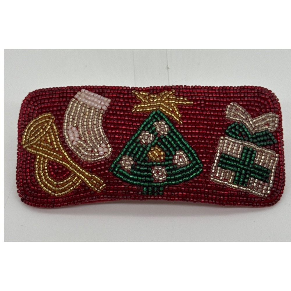 Vintage 90s Red Beaded Christmas Barrette Festive Tree Stocking French Hair Clip